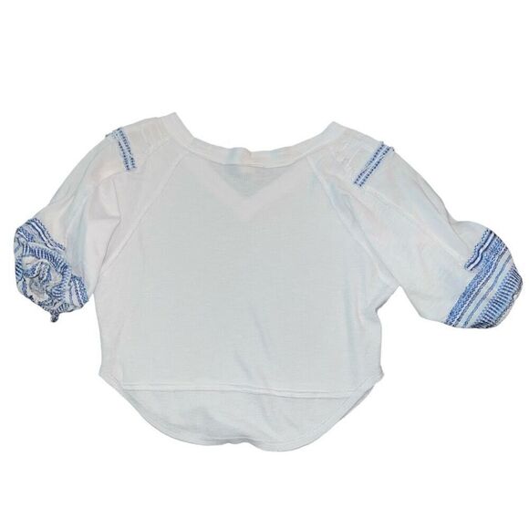 WE THE FREE White Bubble Sleeve Blue Embroidered Blouse Size S - Picture 4 of 10
